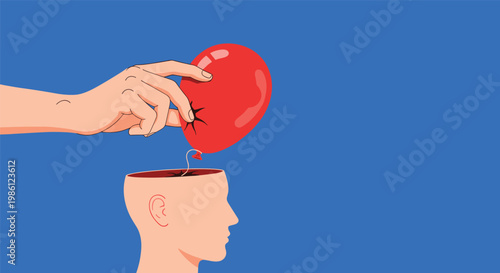 Enormous human hand pulls a red balloon out of an opened head profile representing the release of a creative idea or a breakthrough in thinking.