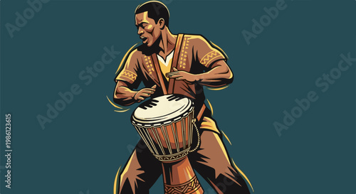 Musician playing a drum with an energetic and rhythmic stance