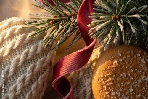 Close-up of cozy winter items, scarf and cookie with glowing holiday lights