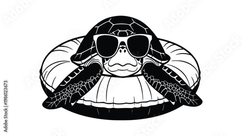 Turtle wearing sunglasses and a white shirt looks directly forward