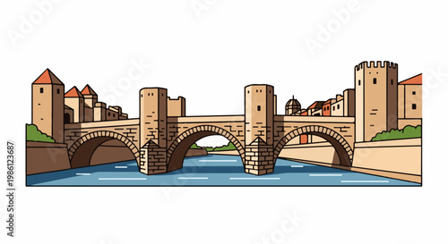 Medieval stone bridge with towers crosses a river
