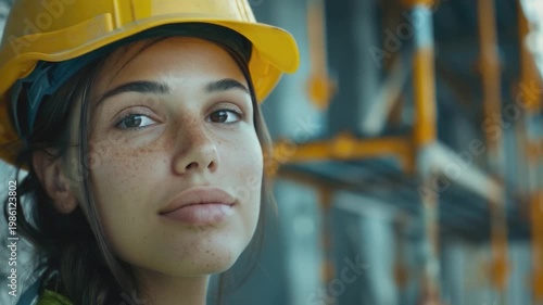 Woman in hard hat and uniform looking directly at camera, construction site background