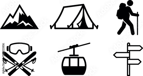 Black and white hiking skiing camping mountain and cable car icons set