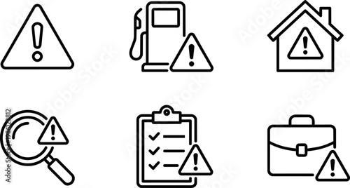 Black and white warning alert icons with exclamation marks and various objects