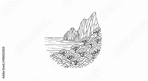 Stylized line art of rocky cliffs meeting trees and water in an oval shape