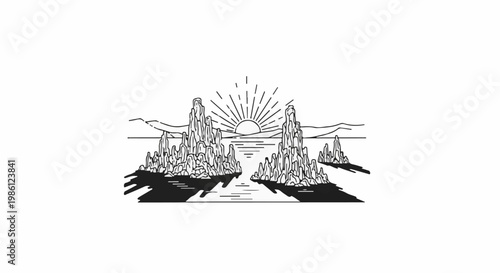 Stylized sunrise over rocky formations in water, casting shadows
