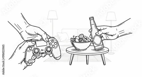 Hands hold a game controller, snacks, and a drink in a living room setting