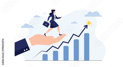 Confident businesswoman runs along a rising graph line supported by a giant hand symbolizing empowerment and corporate support.
