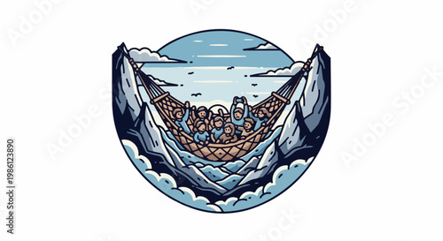 A group of people enjoy a precarious ride in a large net between icy peaks