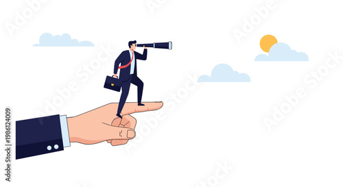 Visionary businessman stands on a large pointing finger while looking through a telescope towards the distant horizon to find future opportunities.