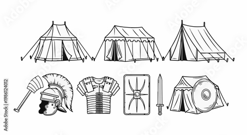 Vintage illustrations of ancient military tents, helmet, armor, sword, and shield