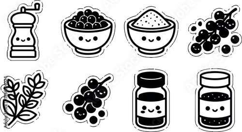 Black and white kawaii spice grinder edible berries bowls and jars vector art
