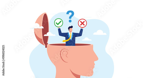 Businessman inside an open head profile evaluates important choices by holding a green checkmark and a red cross sign for decision making.
