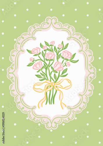Hand-drawn delicate bouquet of pink peonies with yellow ribbon bow. Floral arrangement in elegant vintage scalloped frame on soft green background with white polka dot, perfect for feminine stationery
