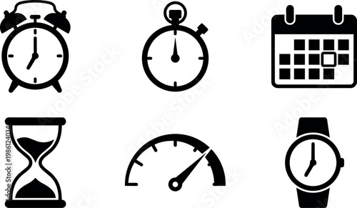 Black and white vector icons set of clock stopwatch calendar hourglass speedometer and wristwatch