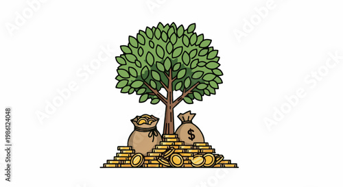 Tree with money bags and gold coins at its base