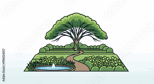 Whimsical garden scene with a prominent tree and flowing water feature