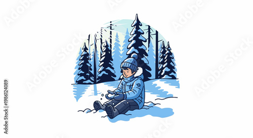 Young child bundled in winter clothing sits happily in snowy woods