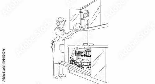 Woman in apron placing dish from cabinet into open dishwasher