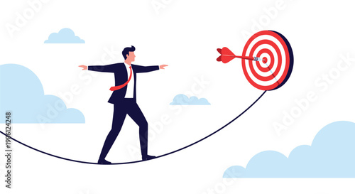 Courageous businessman balances on a tightrope while walking toward a red target bullseye high in the clouds to reach his ambitious career goal.