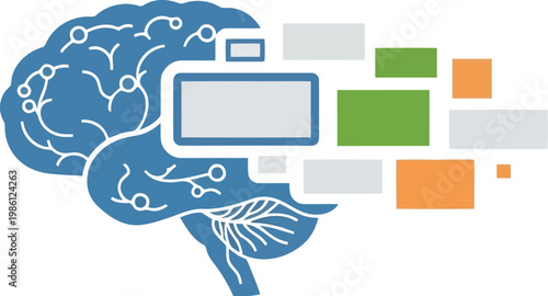 Brain with connections and blocks representing knowledge and information processing