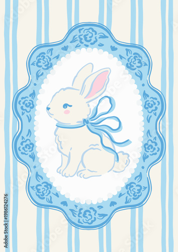 Hand drawn cute bunny with ribbon bow in blue floral medallion frame on striped background. Vintage card design, perfect for Easter greetings, baby showers, or nursery decor. Vector illustration