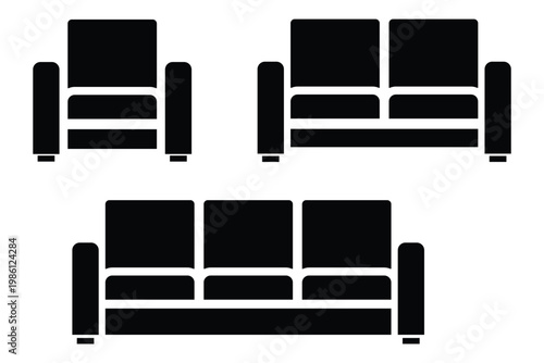 Furniture Outline Icon Set Organized by Bedroom, Kitchen, Dining and Living Room Layout, Including Antique Wardrobe and Dresser Silhouette Vector Illustration