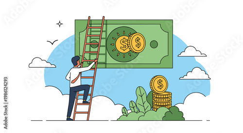 Ambitious businessman climbs a wooden ladder toward a giant green dollar bill in the sky to achieve his financial goals and career success.