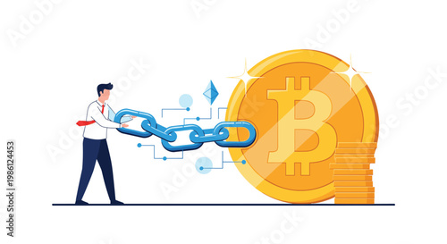 Determined businessman uses a heavy blue chain to pull a giant Bitcoin coin representing persistent effort in the cryptocurrency market.