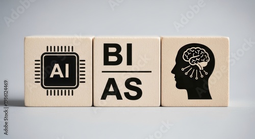 AI Bias concept on wooden blocks, artificial intelligence ethics and machine learning prejudice, human brain and processor icons on cubes