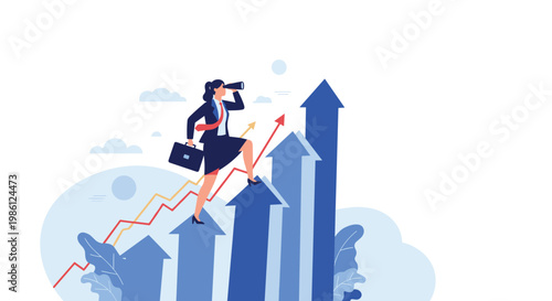 Ambitious businesswoman walks up a series of rising blue arrows while looking through a telescope to find future growth and career success.