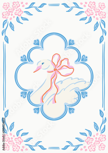 Graceful white swan with delicate pink ribbon bow. Bird in blue scalloped medallion frame and rectangular border with pink flowers. Beautiful vintage design for wedding invitations, romantic wall art