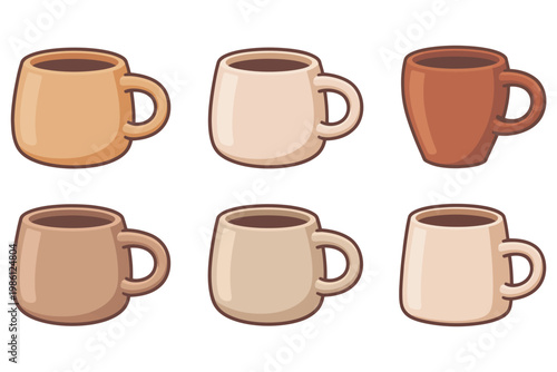 Six ceramic coffee mugs in various earthy tones, filled with dark liquid pottery drinkware