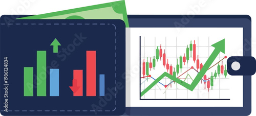 Wallet with money, bar graph, candlestick chart with green arrow up, financial growth concept