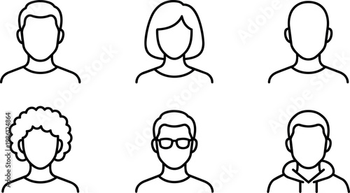 Simple black and white line art of diverse man and woman avatars with various hairstyles and glasses