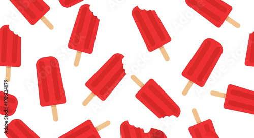 Seamless pattern of red fruit popsicles on wooden sticks with some bites taken out.
