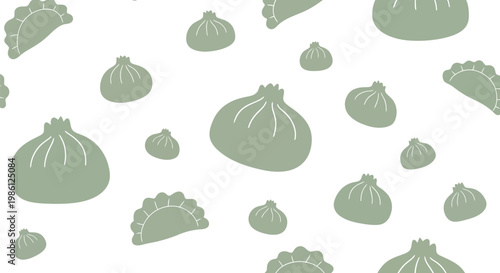 Seamless pattern featuring various types of green dumpling silhouettes such as khinkali and gyoza