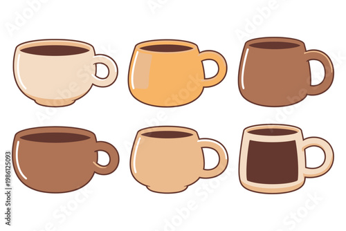 Six coffee mugs in various shapes and brown tones, flat beverage drink hot drink