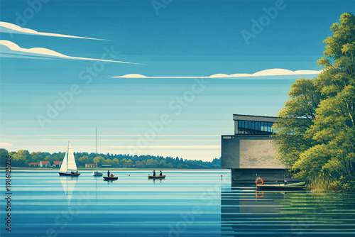 A serene lakeside scene featuring a small marina with boats gently floating on calm blue water. A modern angular building stands near the shoreline, partially surrounded by green trees