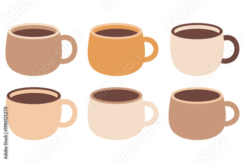 Six coffee mugs in various shapes and earthy tones, filled with dark liquid drink beverage