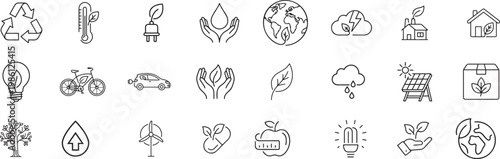 Ecology line icon set. Recycle, solar power, eco, nature, eco farming, green, environment, bio energy, clear water - stock vector.