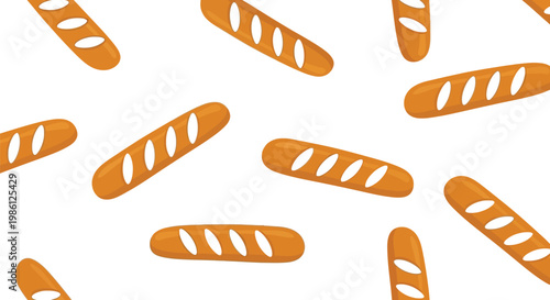 Seamless pattern of hand drawn baguette bread loaves scattered across the frame in a simple style