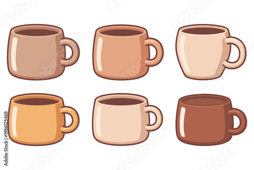 Six different colored coffee mugs with handles, filled with brown liquid drink beverage