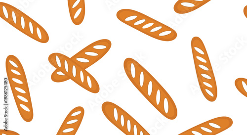 Decorative pattern featuring orange hand drawn sketches of french baguette bread loaves scattered.