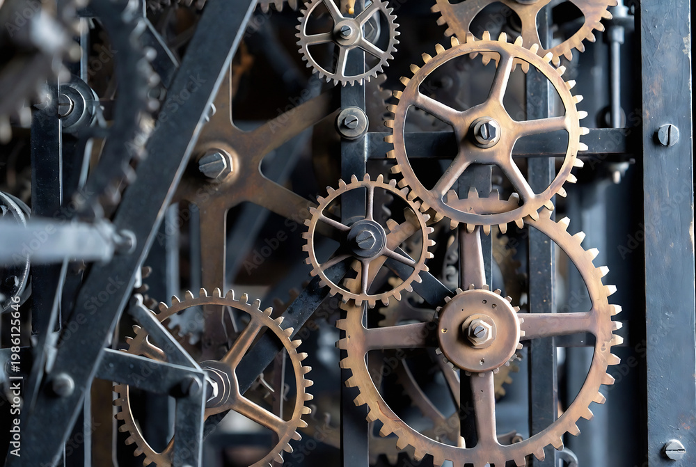 Fototapeta premium A complex, aged mechanical clockwork mechanism is displayed. Gears are interlocked and moving, suggesting a timekeeping device. It appears to be housed within an industrial or workshop setting.