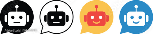 Chatbot icon style set, vector collection of chatbot speech bubble icons in four styles including black solid glyph, outline, minimal flat, and multicolor filled cartoon, same pose and proportions for