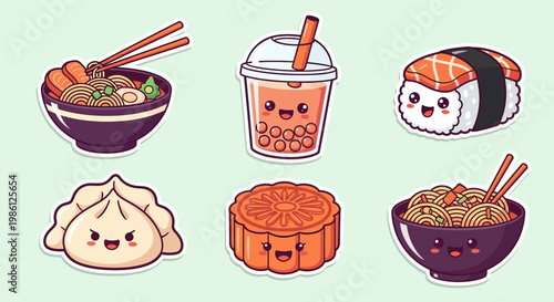 Cute Kawaii Asian Food Sticker Set - Ramen, Bubble Tea, Sushi, Dumpling, and Mooncake Illustration