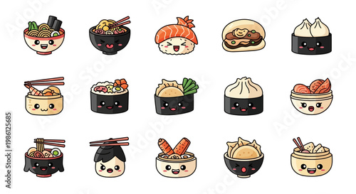 Kawaii Asian Food Chibi Sticker Pack, Cute Japanese Ramen Sushi and Chinese Dim Sum Character Set, Funny Food Expressions Vector Illustration for Stickers and Emotes.