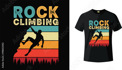Rock Climbing T-shirt Design with Retro Stripes and Climber Silhouette for Adventure, Outdoor, and Fitness Enthusiasts