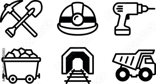 Black and white line art mining tools helmet drill minecart tunnel truck